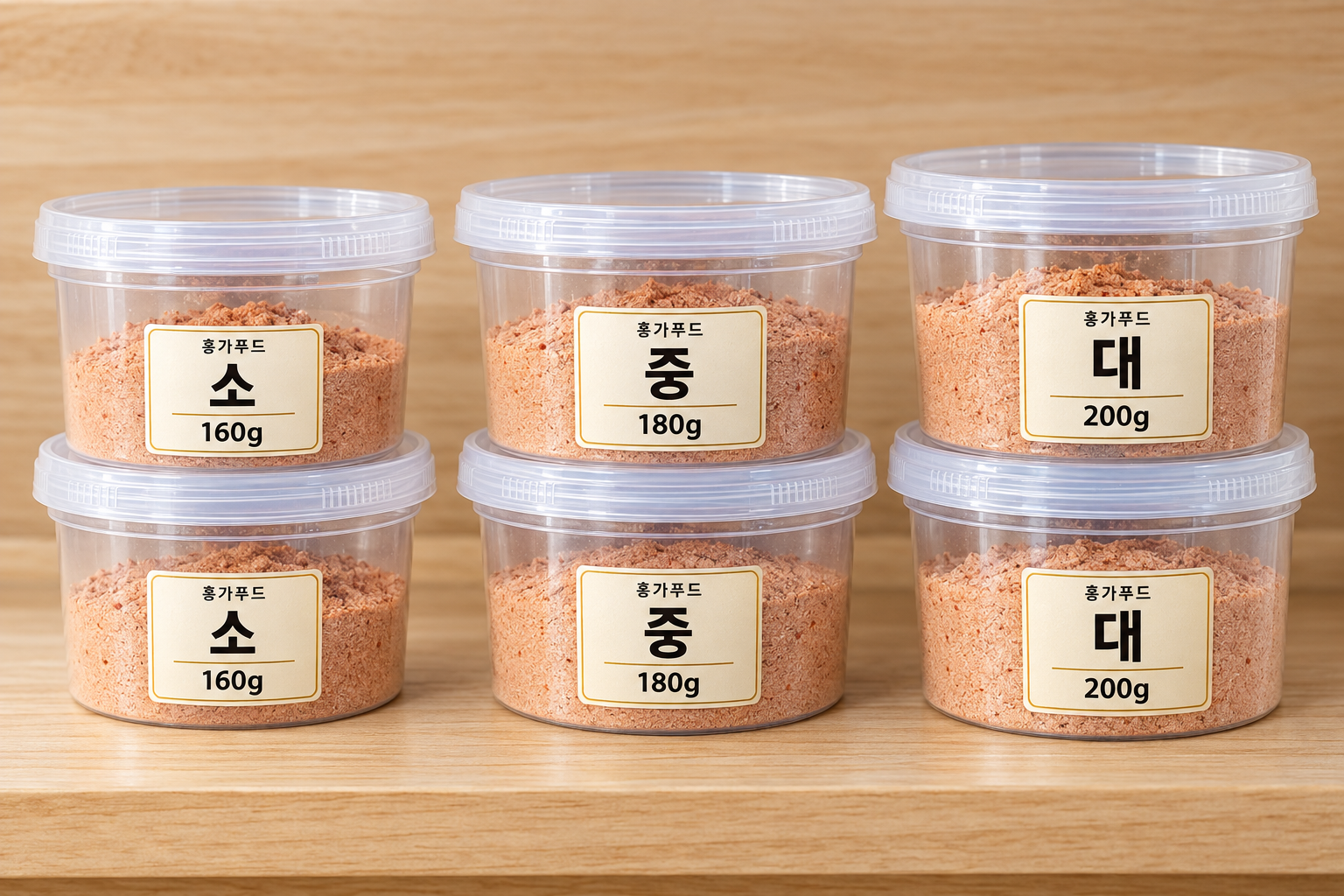 투명 분말통 6개가 두 통씩 세 줄로 정리되어 있고 왼쪽은 소 160g, 가운데는 중 180g, 오른쪽은 대 200g 라벨이 붙어 있는 소분 예시