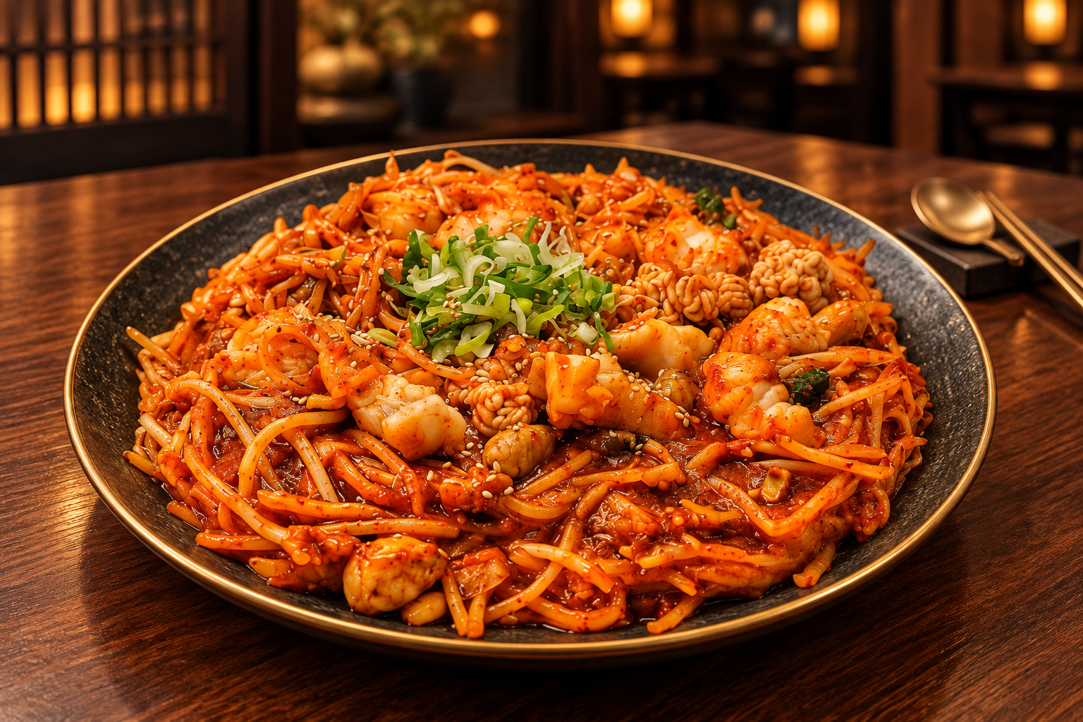 얇은 골드 테두리의 검은 도자기 그릇에 담긴 매콤한 아구찜, 뒤로 따뜻한 조명의 식당 배경이 보이는 연출 이미지